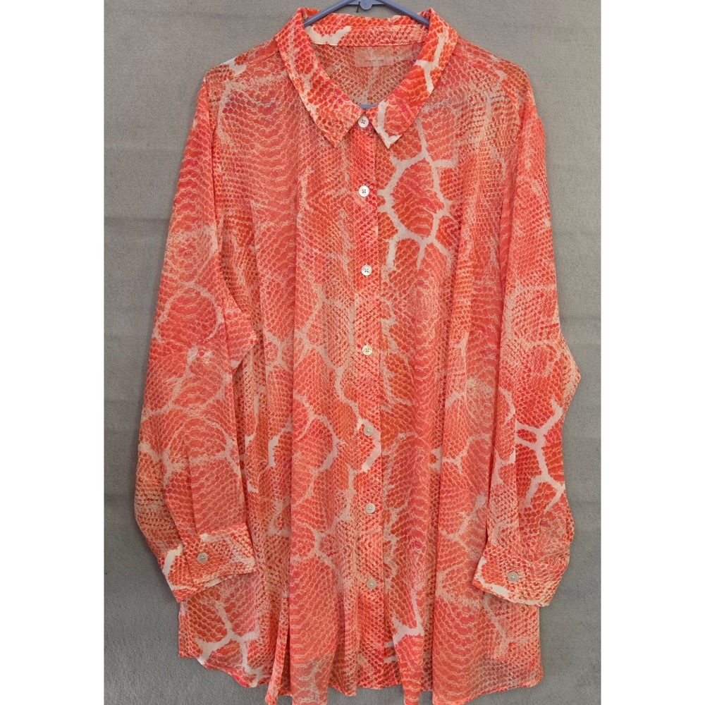 Brandis Dress Out Loud 3X Snake Print Button Front Blouse Coral Orange Sheer